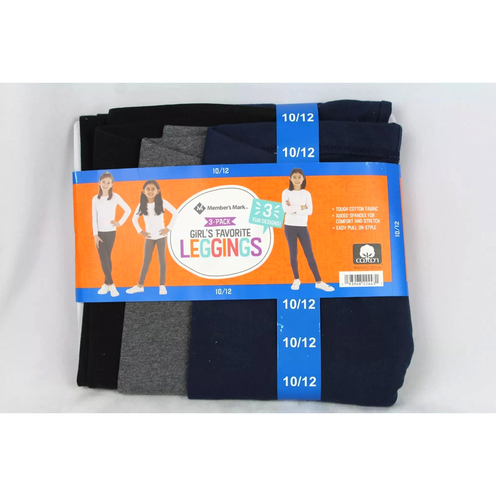 Members Mark 3pack Girls Favorite Leggings 10/12 Black, Grey, Dark Blue